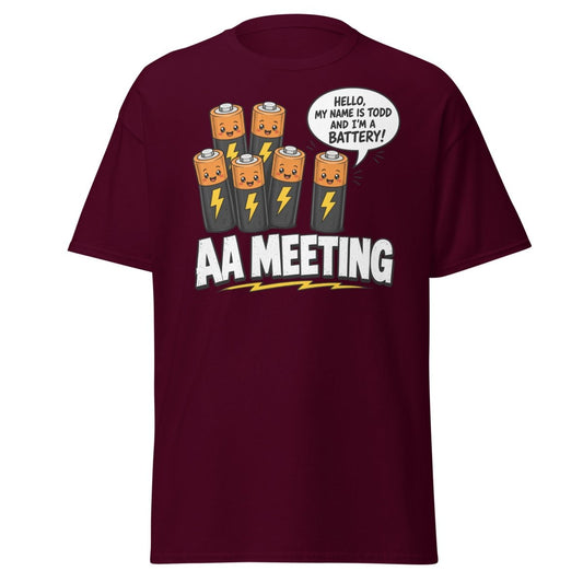 AA Meeting Funny Battery Pun T-Shirt - Maroon - TeeRipple