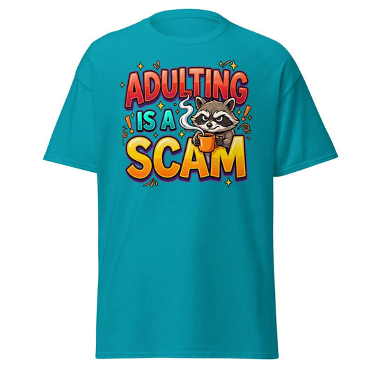 Adulting is a Scam Funny Raccoon T-Shirt | Sarcastic Tee - Tropical Blue - TeeRipple