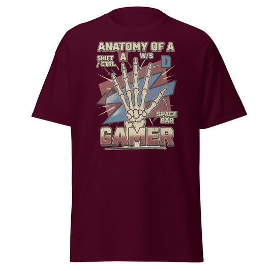 Anatomy of a Gamer T-Shirt - Retro Skeleton WASD Gaming Tee - Maroon - TeeRipple