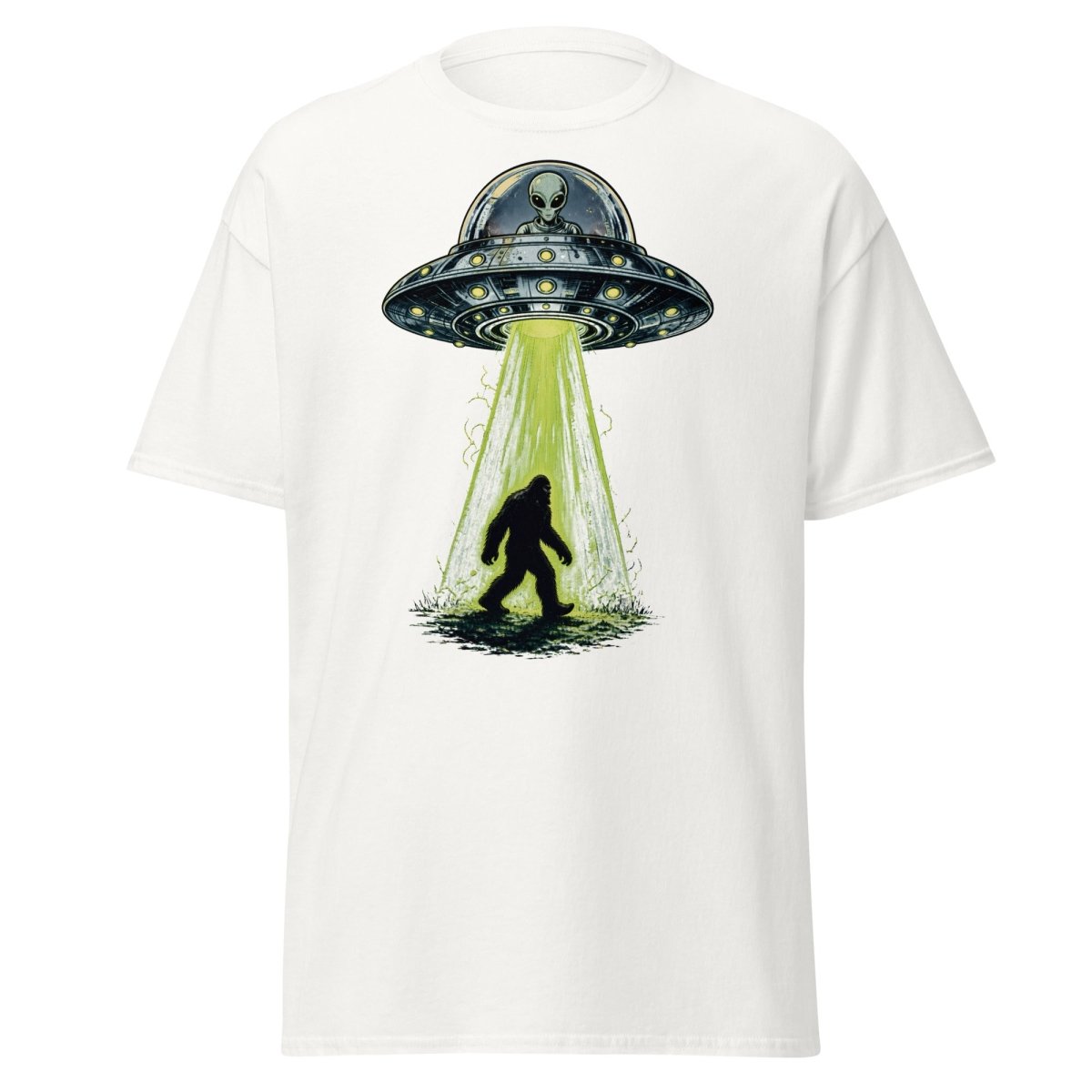 Bigfoot UFO Abduction Graphic T-Shirt - White - TeeRipple