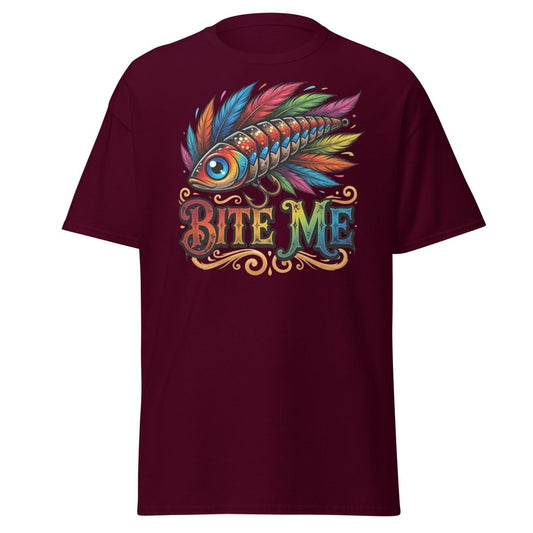 Bite Me Fishing Lure T-Shirt – Funny Angler Humor Tee - Maroon - TeeRipple
