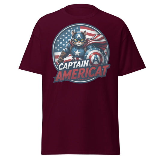 Captain Americat T-Shirt – Funny Superhero Cat Tee - Maroon - TeeRipple