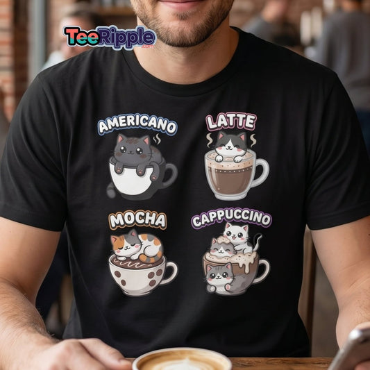 Cute Coffee Cats T-Shirt - Americano Latte Mocha Cappuccino - Maroon - TeeRipple