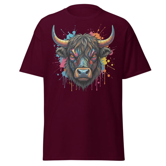 Cyberpunk Highland Cow T-Shirt – Neon Circuit Art Tee - Maroon - TeeRipple