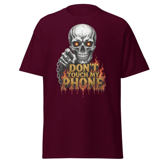 Don’t Touch My Phone Fiery Skull T-Shirt - Maroon - TeeRipple