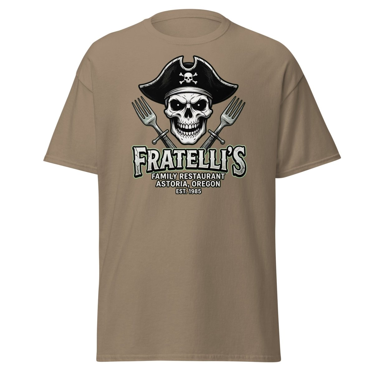 Fratelli's Pirate Skull T-Shirt - Astoria Oregon Restaurant Tee - Brown Savana - TeeRipple