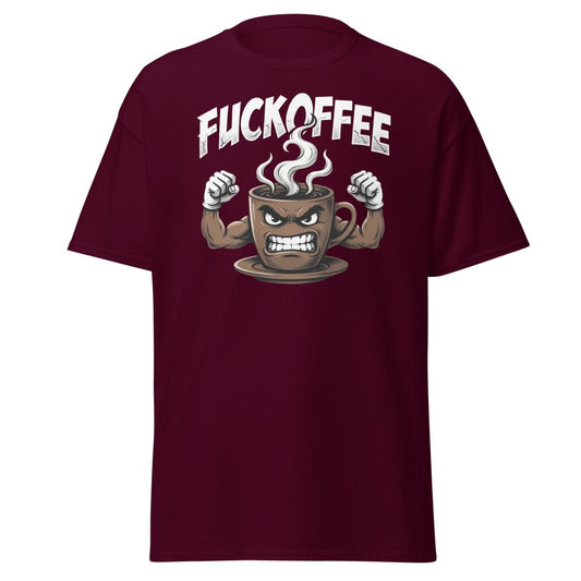 Fuckoffee Angry Coffee Mug T-Shirt – Funny Coffee Humor Tee - Maroon - TeeRipple