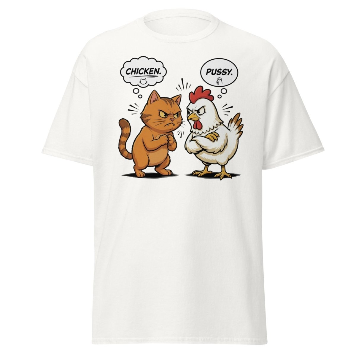 Funny Cat vs Chicken "Pussy" Pun T-Shirt - White - TeeRipple