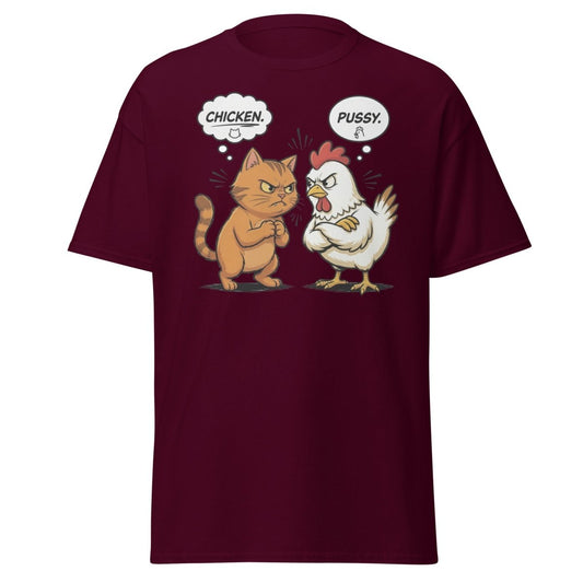 Funny Cat vs Chicken "Pussy" Pun T-Shirt - Maroon - TeeRipple