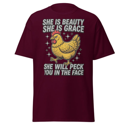 Funny Chicken T-Shirt - She Will Peck You In The Face - Maroon - TeeRipple