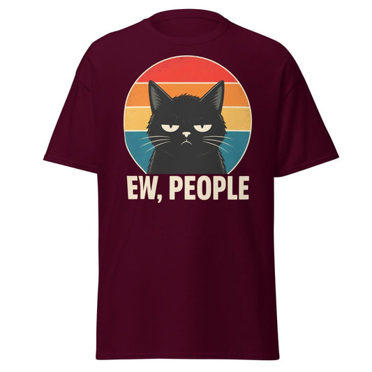 Grumpy Cat "EW, PEOPLE" Retro Sunset T-Shirt – Funny Sarcastic Tee - Maroon - TeeRipple
