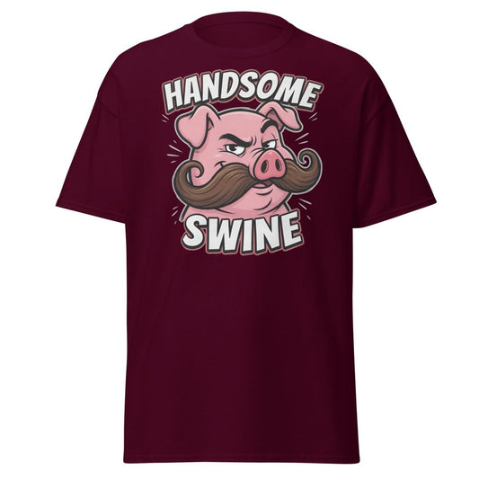 Handsome Swine Funny Pig Mustache T-Shirt - Maroon - TeeRipple