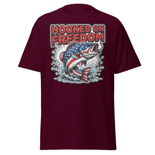 Hooked on Freedom Patriotic Bass Fishing T-Shirt USA Flag - Maroon - TeeRipple