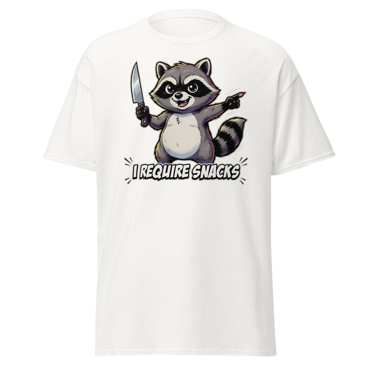 I Require Snacks Raccoon T-Shirt – Funny Meme Tee - White - TeeRipple