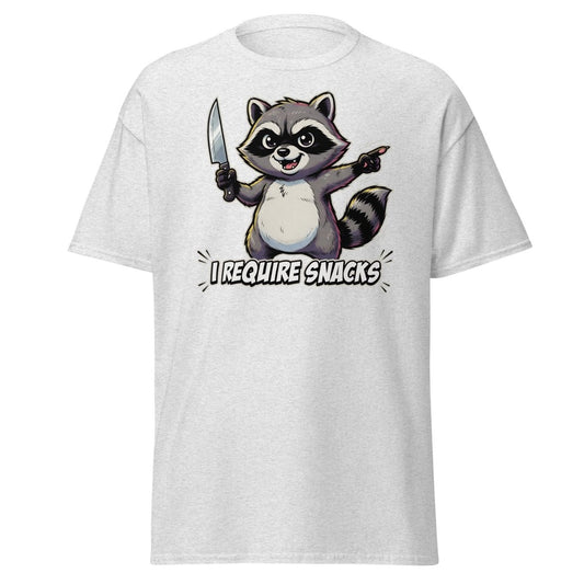 I Require Snacks Raccoon T-Shirt – Funny Meme Tee - Ash - TeeRipple