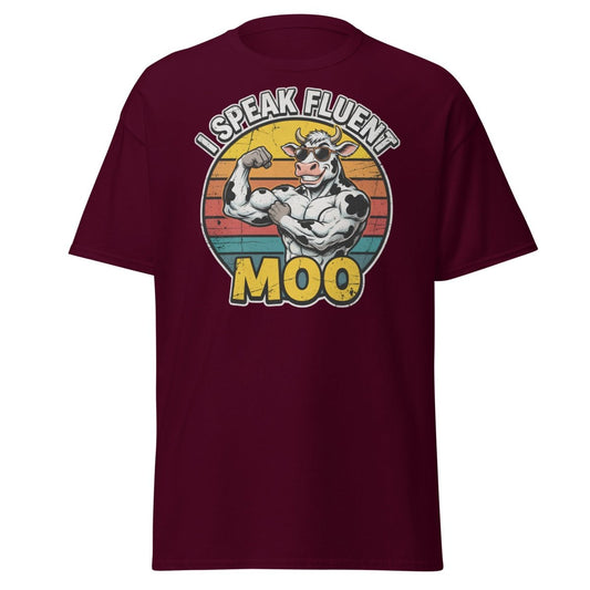 I Speak Fluent Moo Funny Cow T-Shirt – Retro Gym Tee - Maroon - TeeRipple