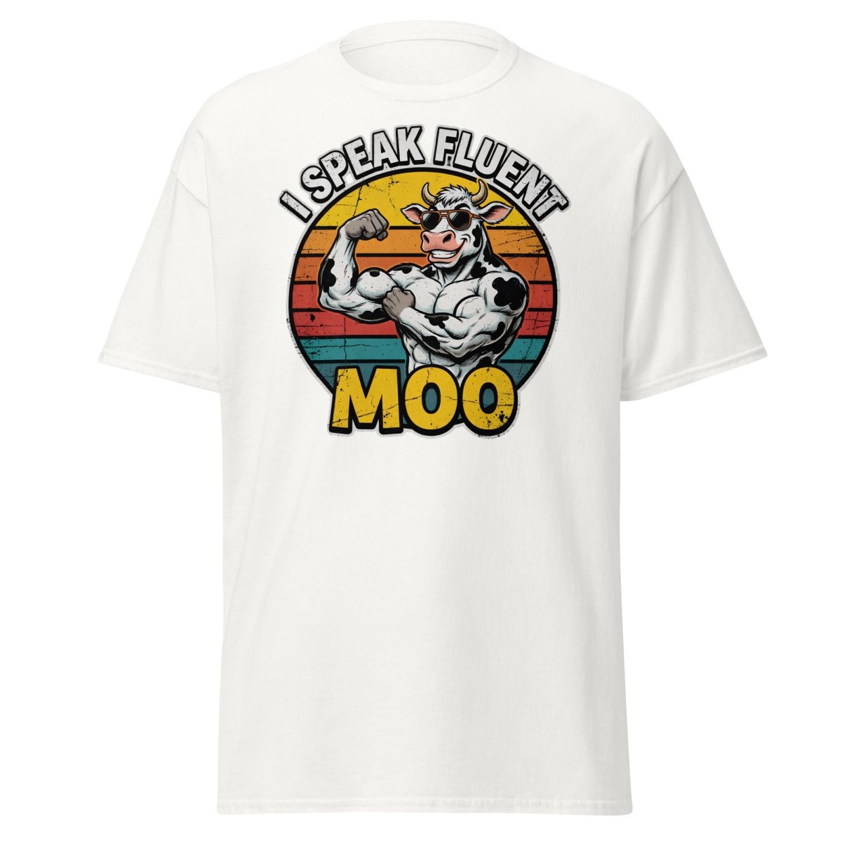 I Speak Fluent Moo Funny Cow T-Shirt – Retro Gym Tee - White - TeeRipple