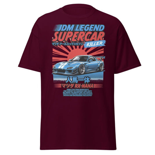 JDM Legend Mazda RX - 7 Supercar T-Shirt - Jinba Ittai - Maroon - TeeRipple