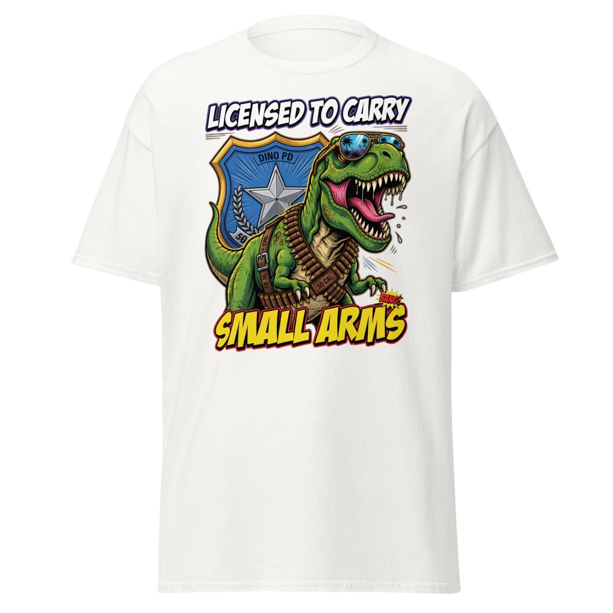 Licensed to Carry Small Arms T - Rex Funny T-Shirt - White - TeeRipple