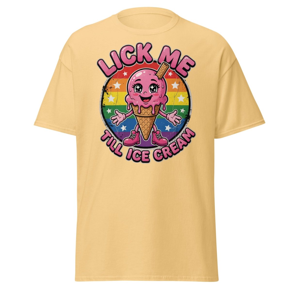 Lick Me Till Ice Cream Funny T-Shirt | Rainbow Adult Humor Tee - Yellow Haze - TeeRipple