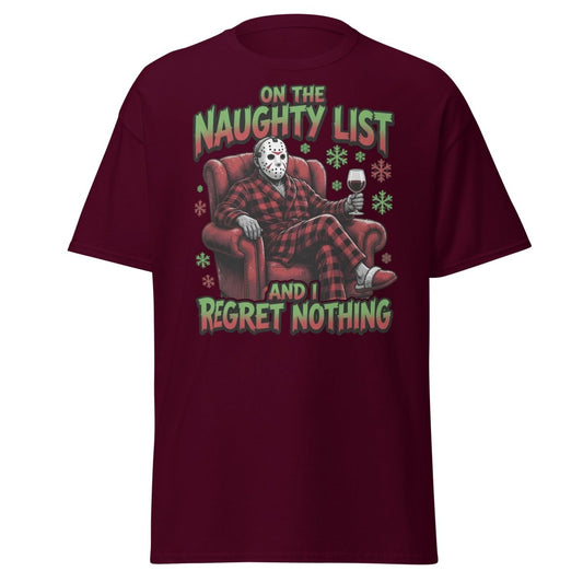 Naughty List Jason Voorhees T-Shirt - Funny Christmas Tee - Maroon - TeeRipple