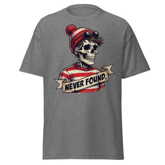 Never Found Skeleton Waldo T-Shirt – Funny Parody Tee - Graphite Heather - TeeRipple