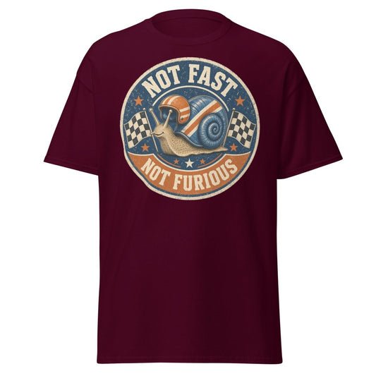 Not Fast Not Furious Snail Racing Tee - Maroon - TeeRipple