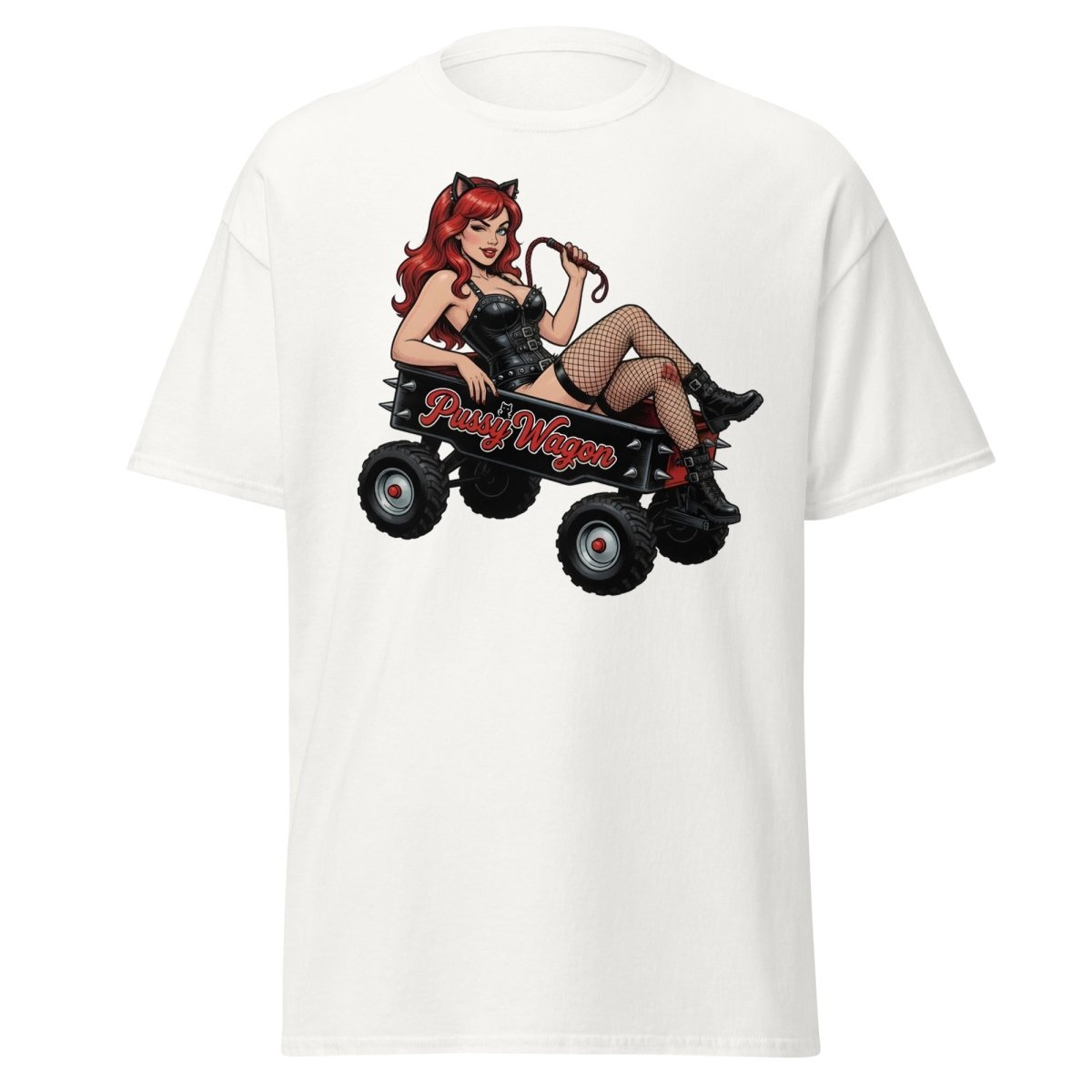 Pussy Wagon Pin - Up Catgirl T-Shirt | Adult Humor Tee - White - TeeRipple
