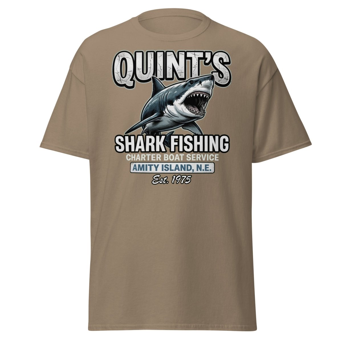 Quint's Shark Fishing Jaws T-Shirt - Amity Island Charter - Brown Savana - TeeRipple