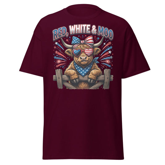 Red, White & Moo Highland Cow T-Shirt | Patriotic 4th of July Tee - Maroon - TeeRipple