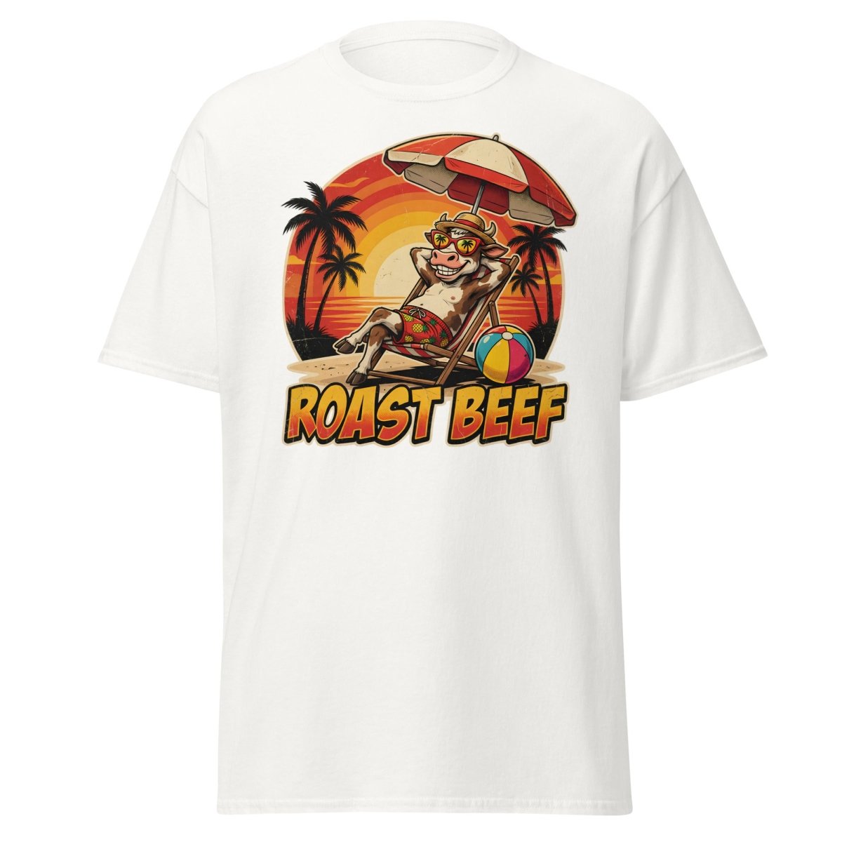 Roast Beef Funny Cow Beach T-Shirt - Humorous Summer Tee - White - TeeRipple