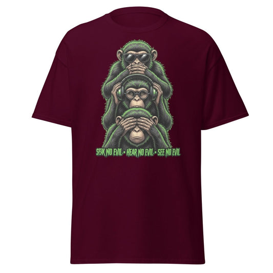 See No Evil Hear No Evil Speak No Evil Monkey T-Shirt - Maroon - TeeRipple