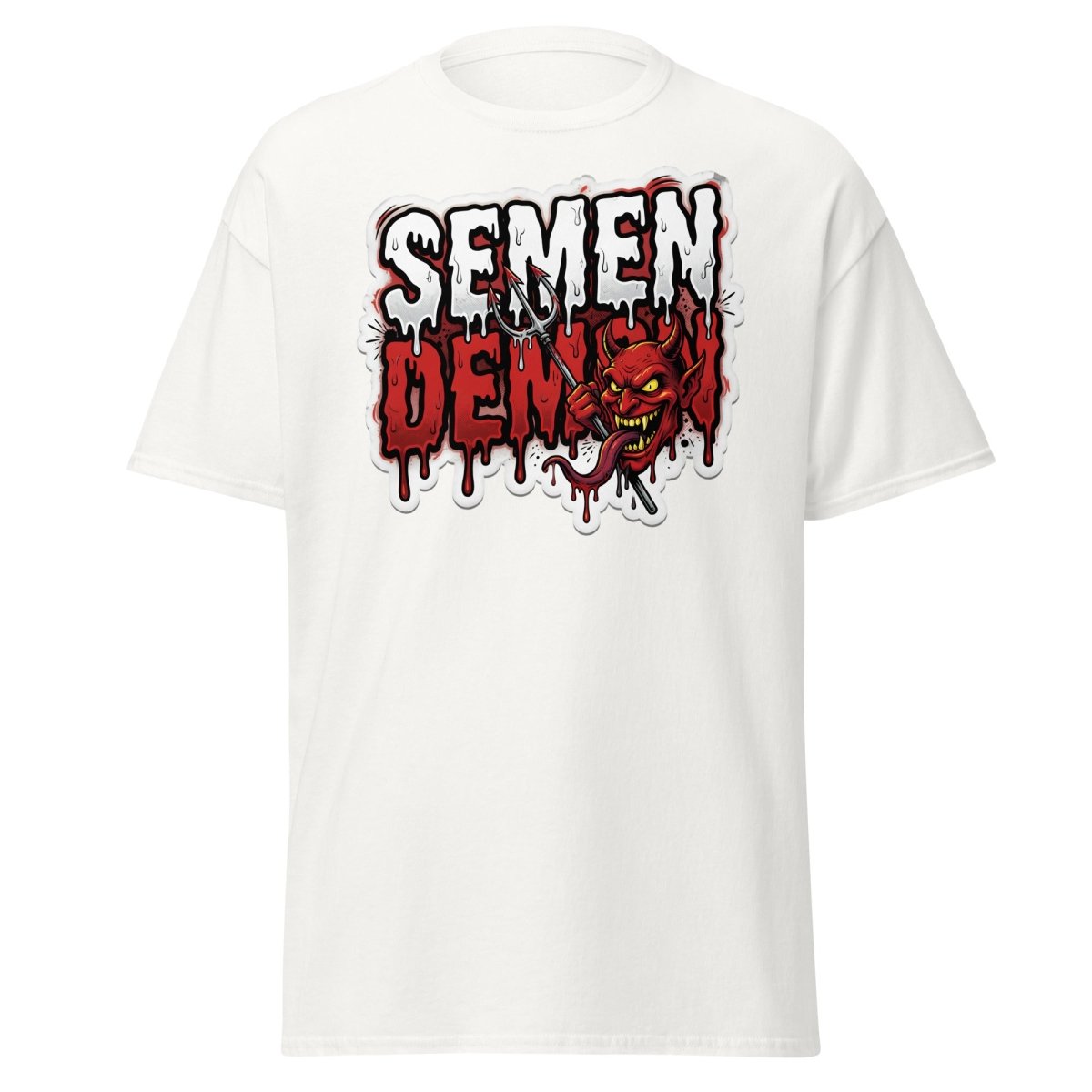 Semen Demon Funny Devil T-Shirt | Adult Humor Tee - White - TeeRipple