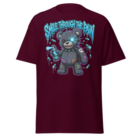 Smile Through The Pain Bear T-Shirt | Edgy Graffiti Tee - Maroon - TeeRipple
