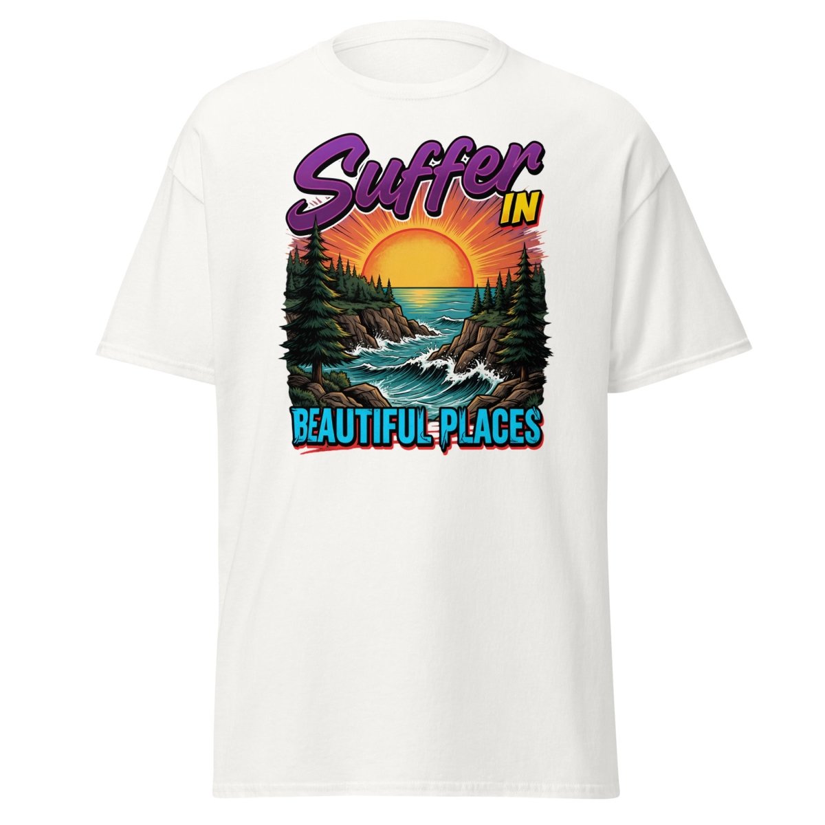 Suffer In Beautiful Places T-Shirt - Sunset Cliff Adventure Tee - White - TeeRipple