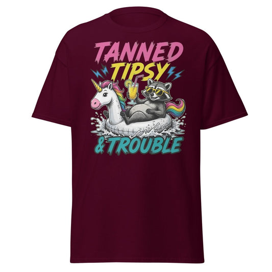 Tanned Tipsy & Trouble Raccoon Unicorn Float T-Shirt - Maroon - TeeRipple