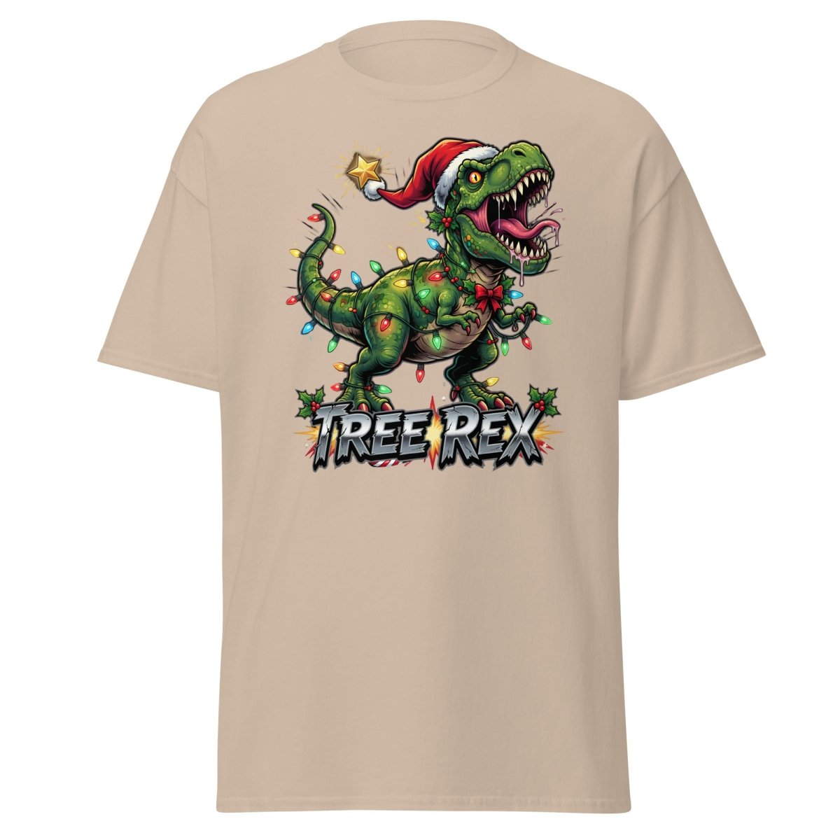 Tree Rex Christmas T-Shirt - Funny T - Rex Holiday Tee - Sand - TeeRipple