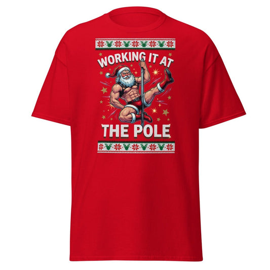 Working It At The Pole Santa T-Shirt - Funny Christmas Tee - Red - TeeRipple