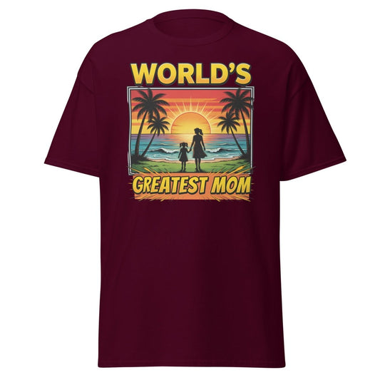 World's Greatest Mom T-Shirt - Tropical Sunset Beach Design - Maroon - TeeRipple