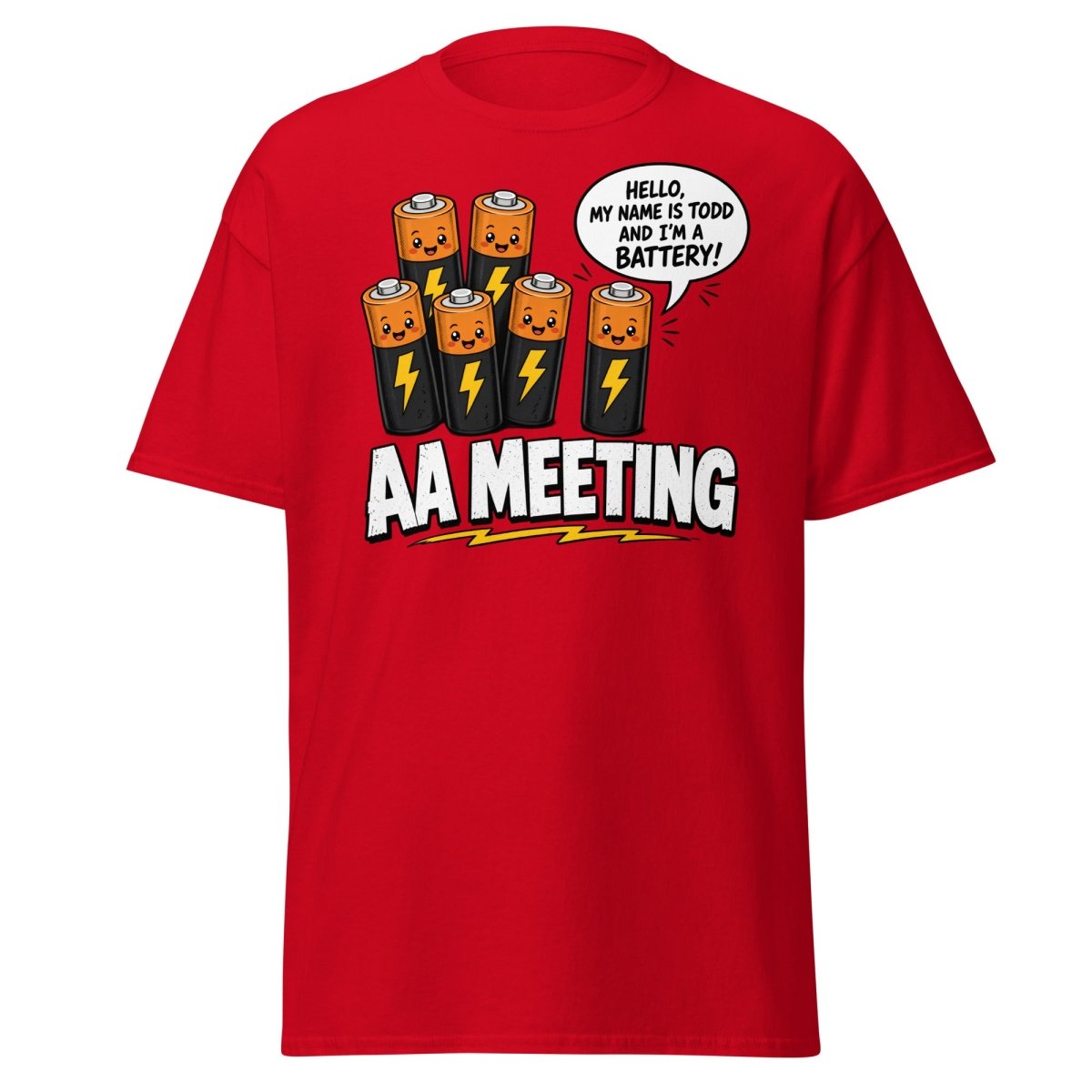 AA Meeting Funny Battery Pun T-Shirt - Red - TeeRipple