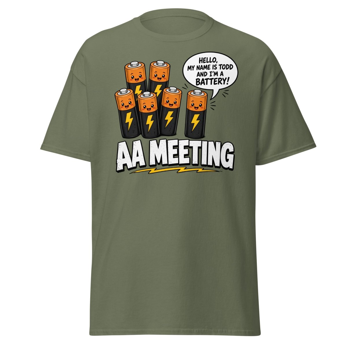 AA Meeting Funny Battery Pun T-Shirt - Military Green - TeeRipple