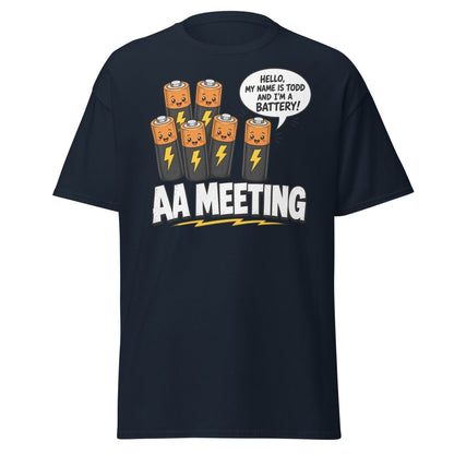 AA Meeting Funny Battery Pun T-Shirt - Navy - TeeRipple