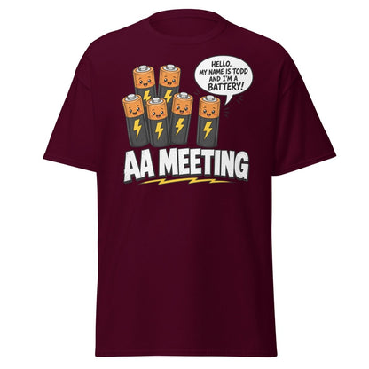 AA Meeting Funny Battery Pun T-Shirt - Maroon - TeeRipple