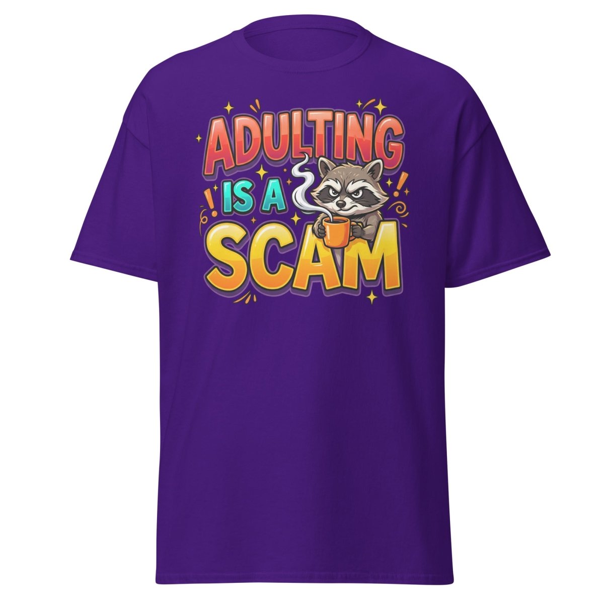 Adulting is a Scam Funny Raccoon T-Shirt | Sarcastic Tee - Purple - TeeRipple