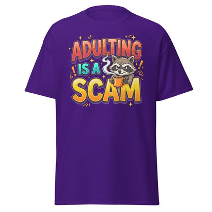 Adulting is a Scam Funny Raccoon T-Shirt | Sarcastic Tee - Purple - TeeRipple