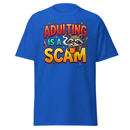 Adulting is a Scam Funny Raccoon T-Shirt | Sarcastic Tee - Royal - TeeRipple