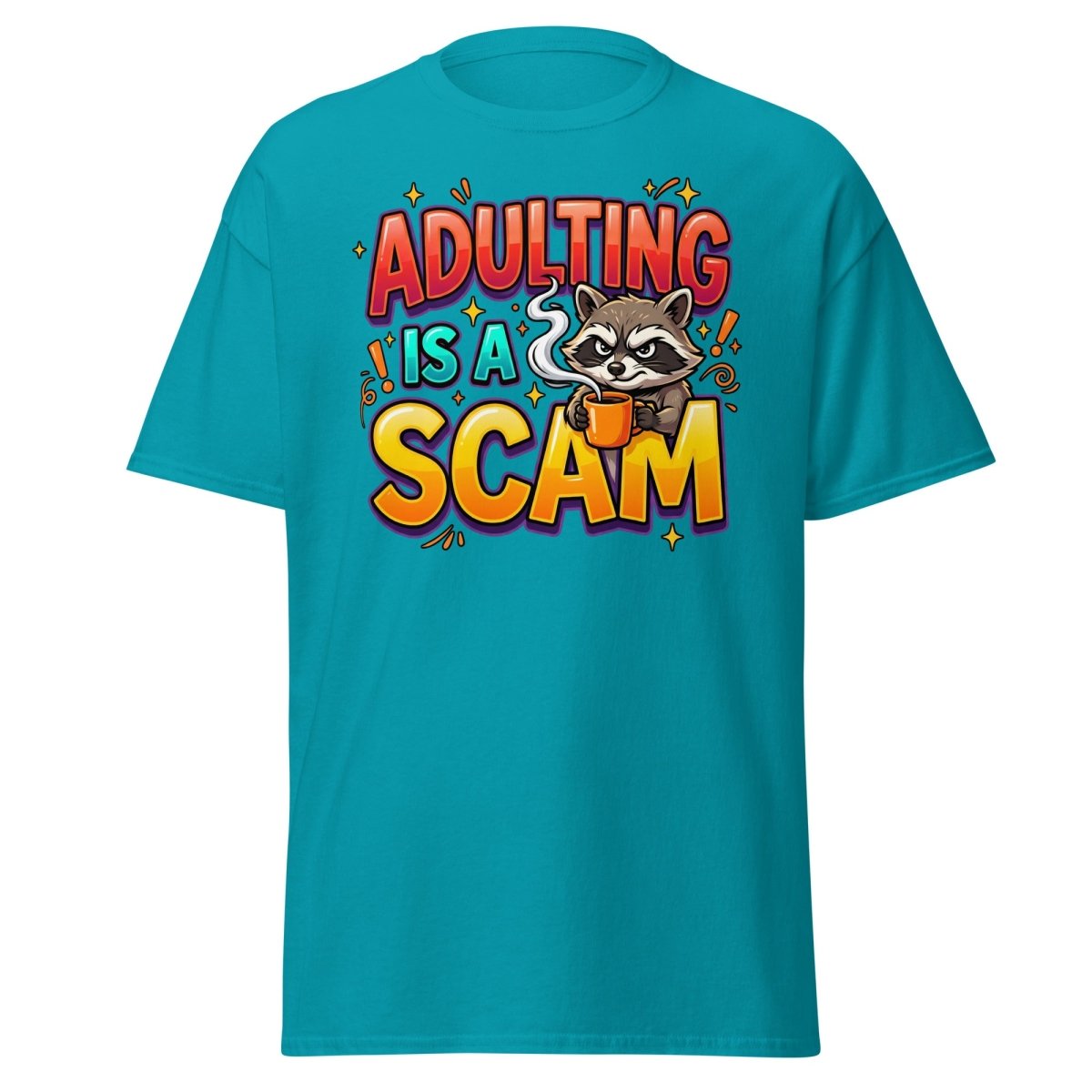 Adulting is a Scam Funny Raccoon T-Shirt | Sarcastic Tee - Tropical Blue - TeeRipple