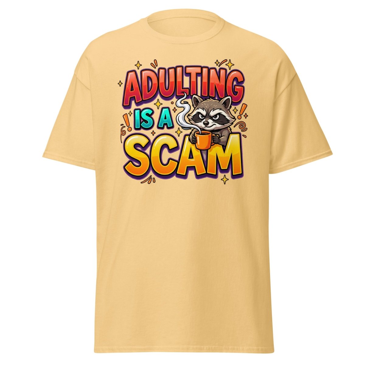 Adulting is a Scam Funny Raccoon T-Shirt | Sarcastic Tee - Yellow Haze - TeeRipple
