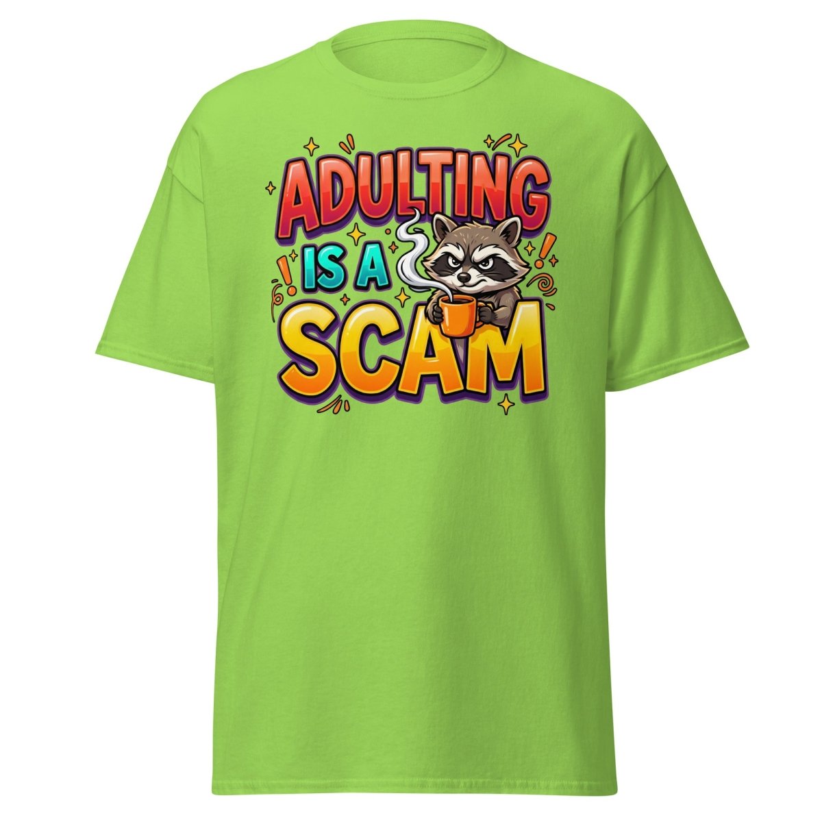 Adulting is a Scam Funny Raccoon T-Shirt | Sarcastic Tee - Lime - TeeRipple