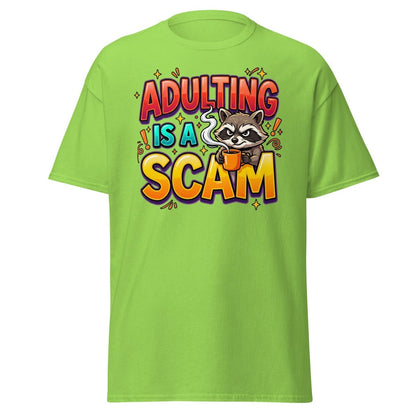 Adulting is a Scam Funny Raccoon T-Shirt | Sarcastic Tee - Lime - TeeRipple